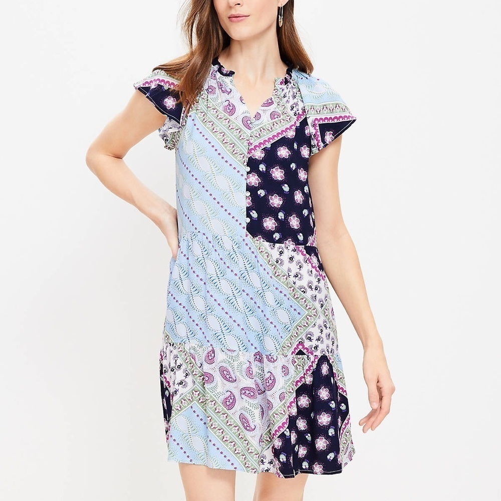 NWT Loft Blue and Purple Short Flutter Cap Sleeves Patchwork Tiered Swing Dress